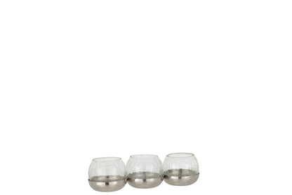Theelichthouder 3 Bol Craquele Glas/Stainless Steel Zilver