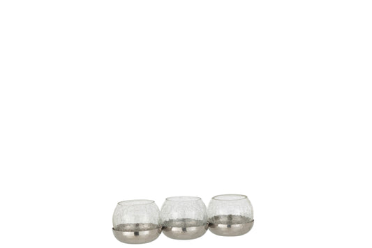 Theelichthouder 3 Bol Craquele Glas/Stainless Steel Zilver