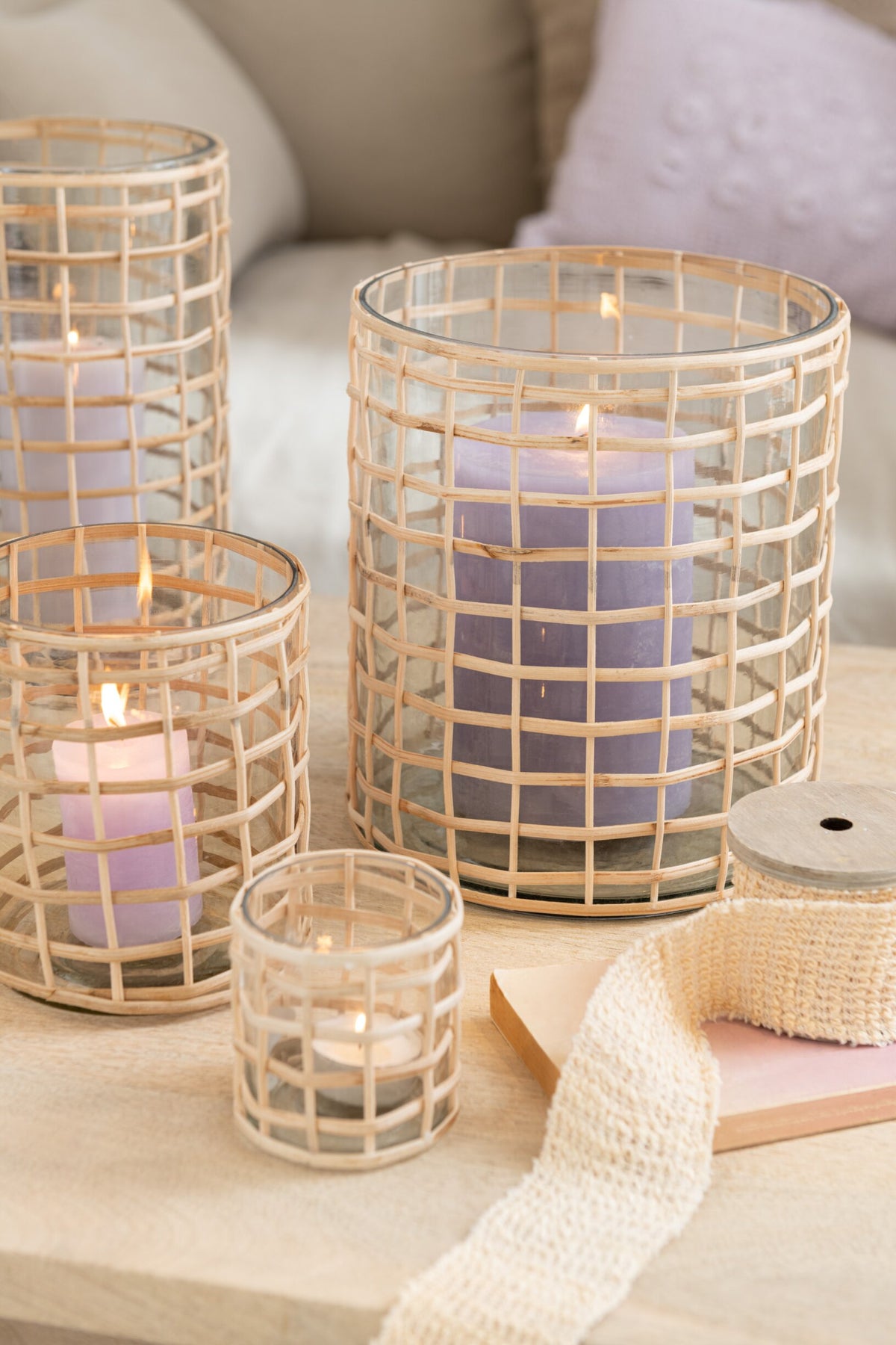 Windlicht Violet Breed Glas/Riet Naturel