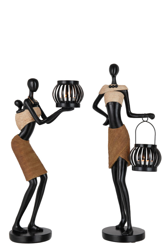 Tealight Holder On Head Of Figure Ethnic Poly Brown Assortment Of 2
