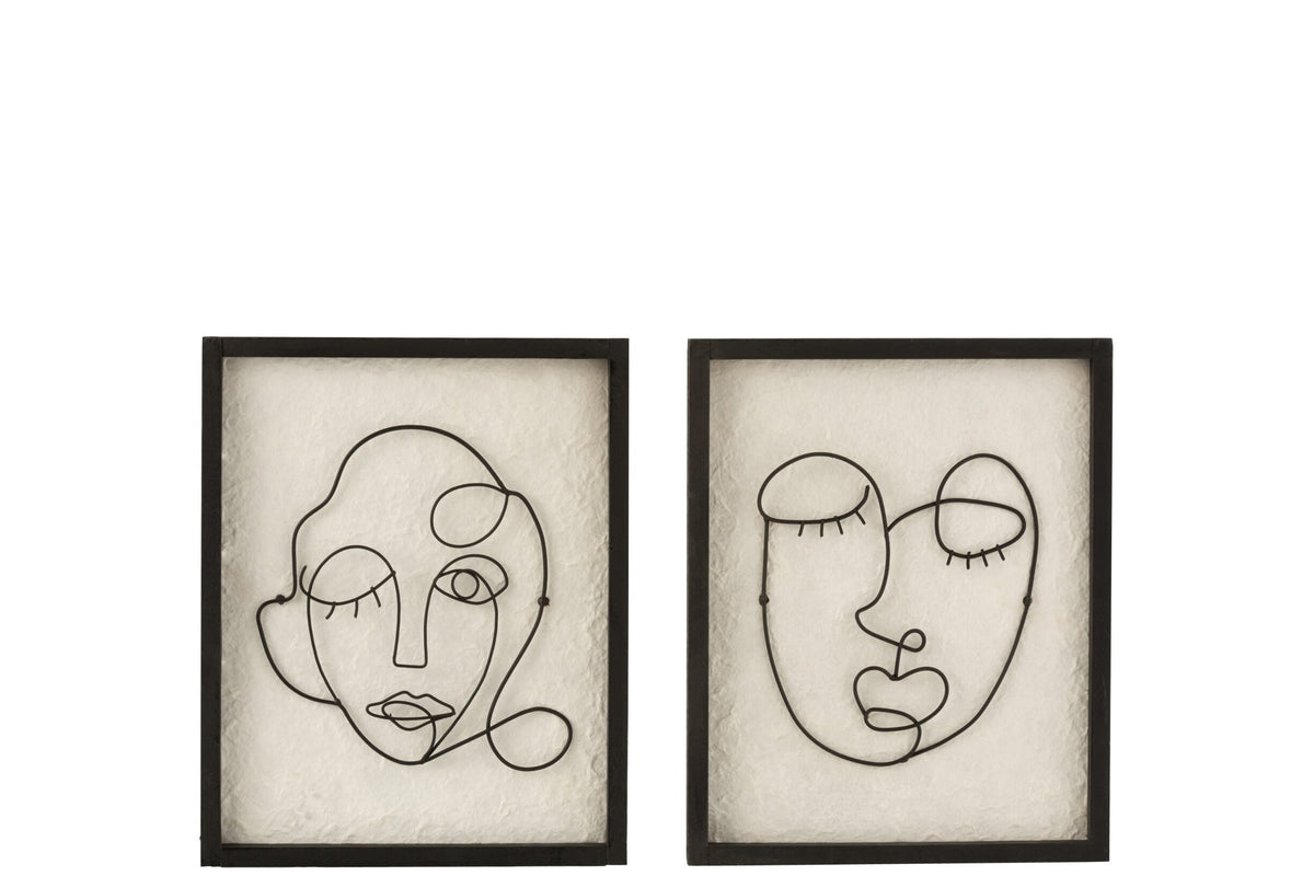 Wall Deco Faces Metal/Wood Black/White Small Assortment Of Two