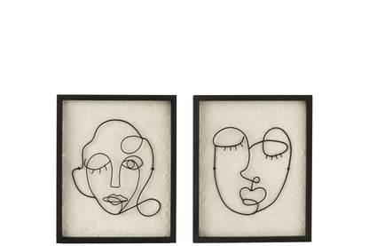 Wall Deco Faces Metal/Wood Black/White Small Assortment Of Two