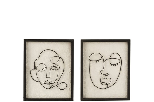 Wall Deco Faces Metal/Wood Black/White Small Assortment Of Two
