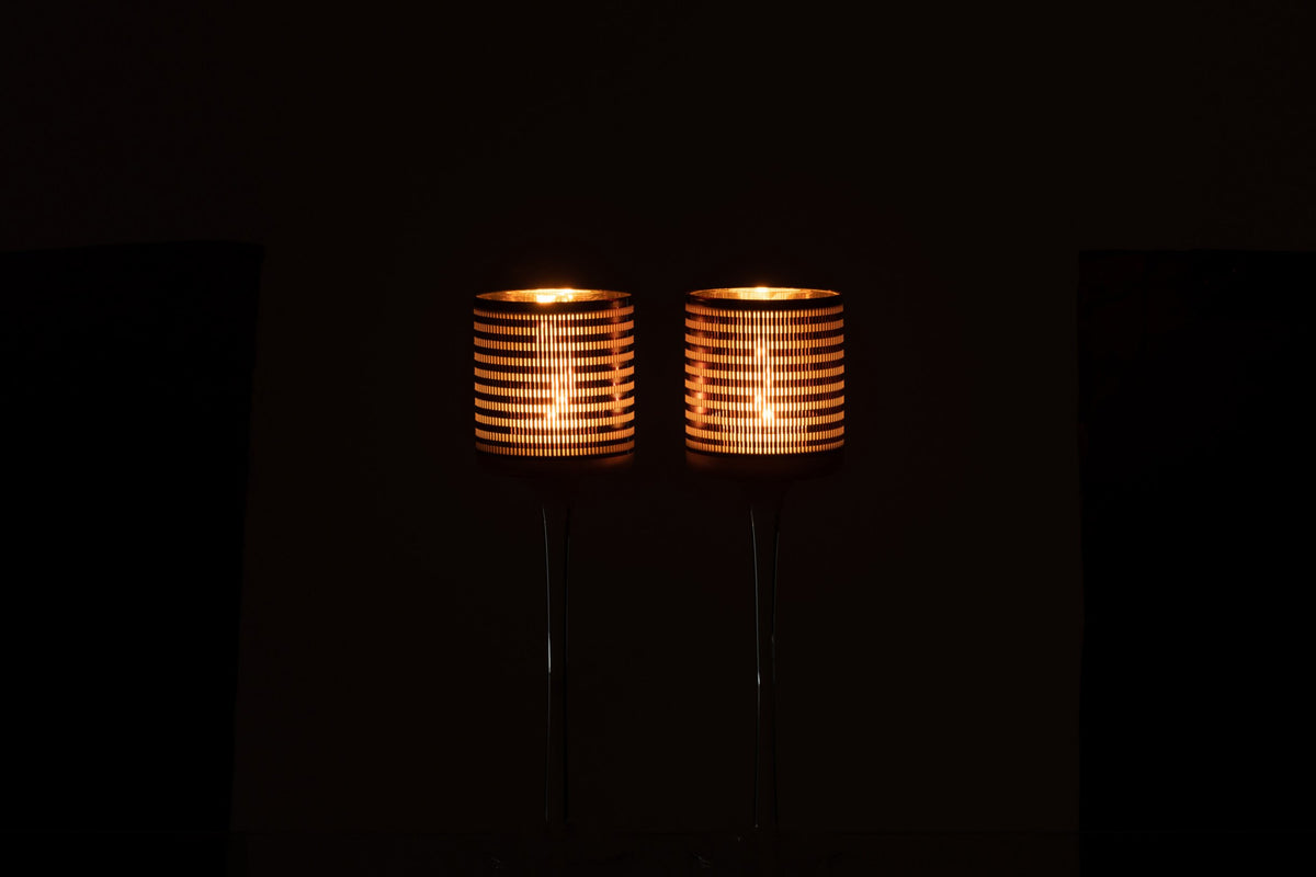 Theelicht Houder Op Voet Strepen Glas Bruin Small