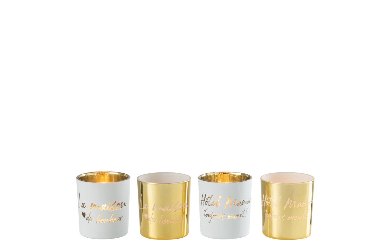 Theelicht Houder Text Glas Goud/Zilver Small Assortiment Van 4