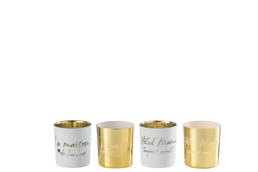 Theelicht Houder Text Glas Goud/Zilver Small Assortiment Van 4