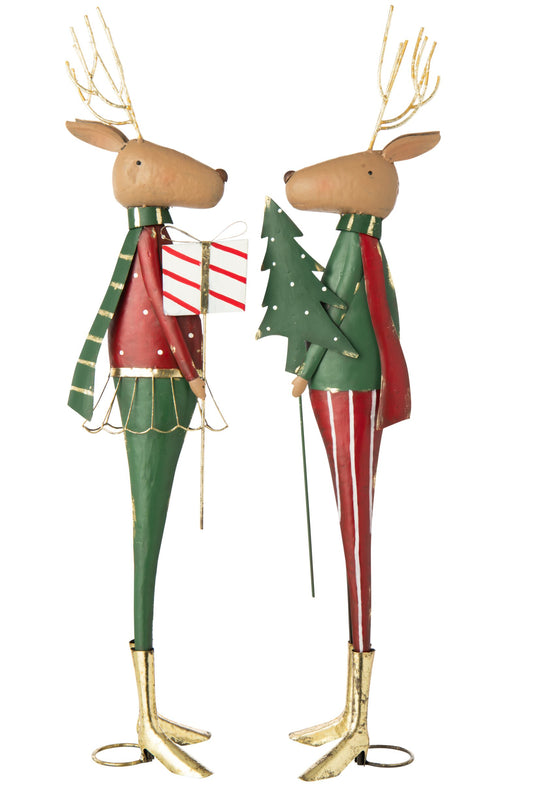 Reindeer Pine Tree + Gift Metal Christmas Red/Dark Green Assortment Of 2