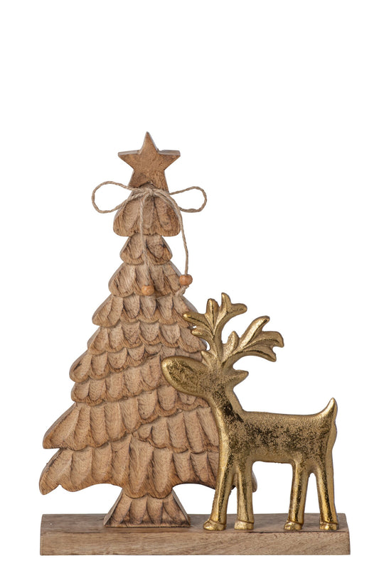 Christmas Tree + Reindeer Mango Wood Natural/Gold