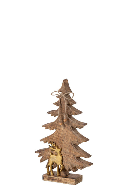 Pine Tree + Reindeer Mango Wood Natural/Gold Small