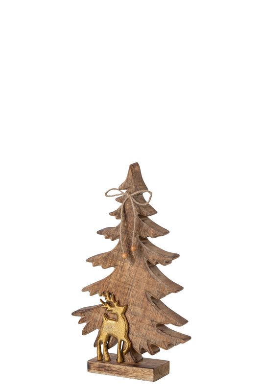 Pine Tree + Reindeer Mango Wood Natural/Gold Small