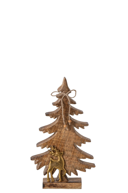 Pine Tree + Reindeer Mango Wood Natural/Gold Small