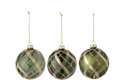 Christmas Bauble Checkered Glass Green/Gold Small Assortment Of 3