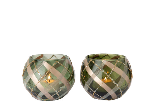 Theelichthouder Geruit Glas Groen/Goud Assortiment Van 2