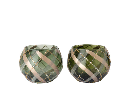 Theelichthouder Geruit Glas Groen/Goud Assortiment Van 2