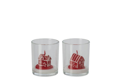 Kaars Huis In Glas Paraffine Kerstrood Assortiment Van 2