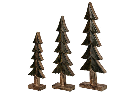 Set Of 3 Pine Tree On Base Shiny Mango Wood Green/Natural