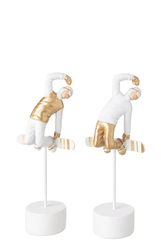 Snowboarder On Base Polyresin White/Gold Assortment Of 2