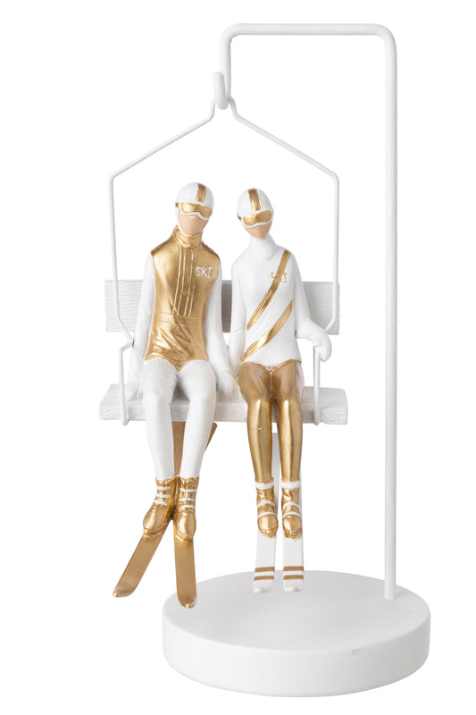 Skier Couple + Chairlift Polyresin White/Gold