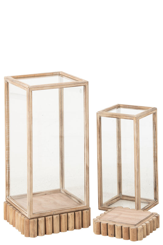 Set Van 2 Deco Vitrine Stolp Rechthoek Dennenhout Beige