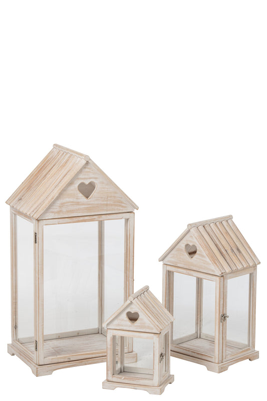Set Van 3 Lantaarn Hart Dennenhout Beige