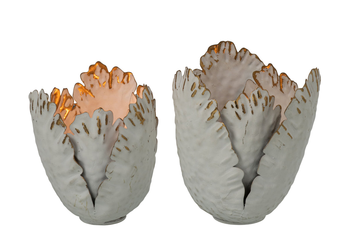 Set Van 2 Theelichthouder Tulp Bloemen Ijzer Wit/Goud Large