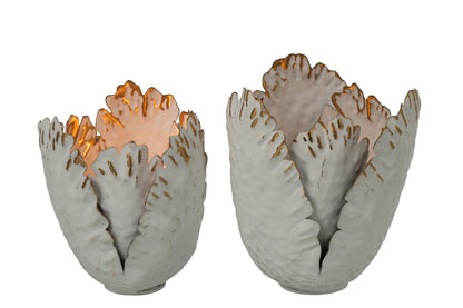 Set Van 2 Theelichthouder Tulp Bloemen Ijzer Wit/Goud Large