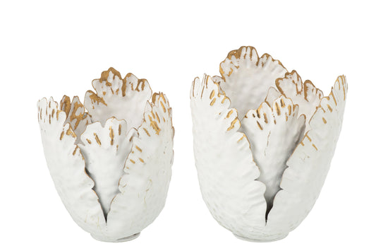 Set Van 2 Theelichthouder Tulp Bloemen Ijzer Wit/Goud Large