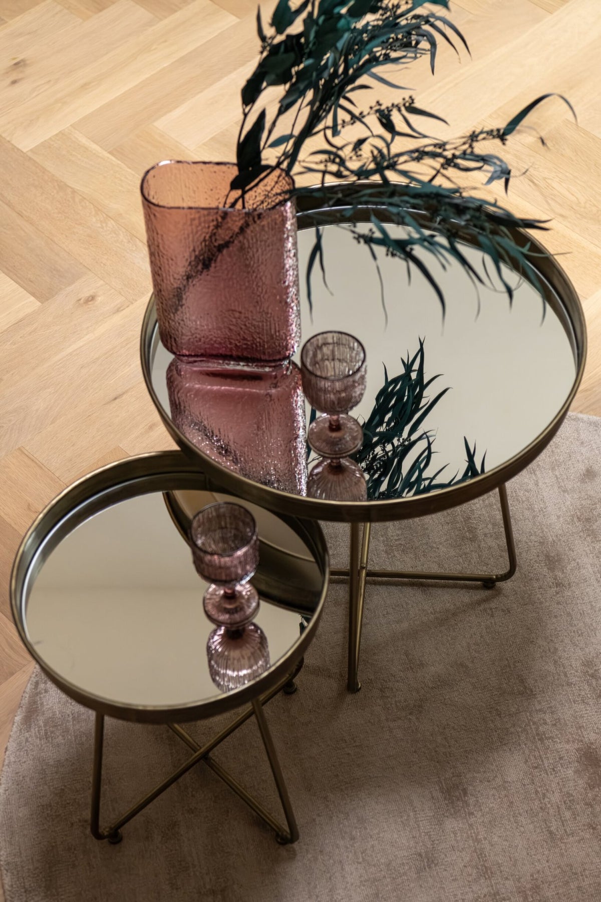 Set Of 2 Side Table Mirror Round Iron Brass