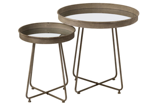 Set Of 2 Side Table Mirror Round Iron Rust Brown