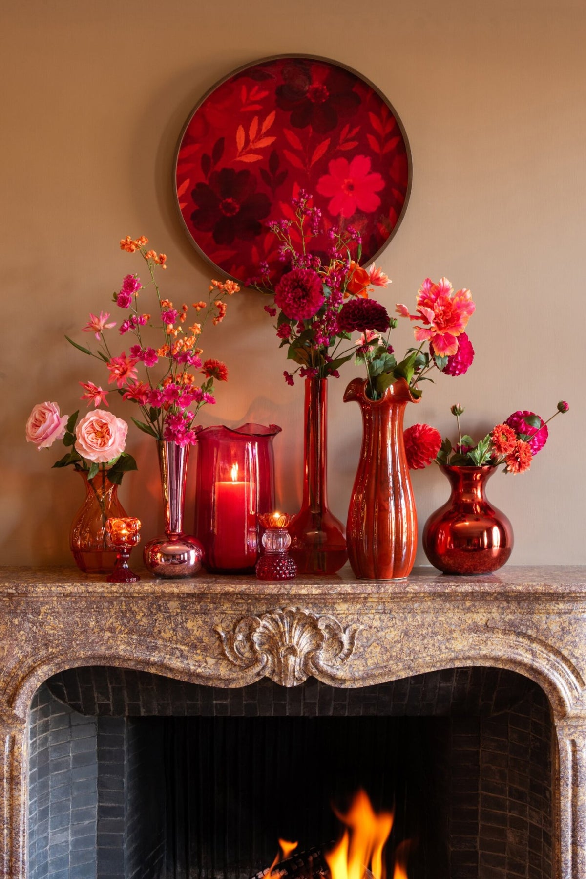 Set Of 3 Wall Object Flowers Round MDF Fuchsia