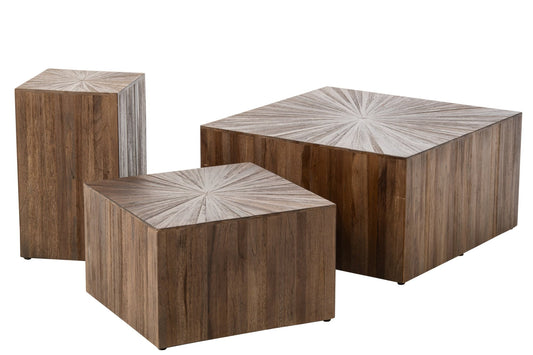 Set Of 3 Coffee Table Ray Cube Recycled Wood Dark Brown