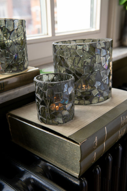 Theelicht Houder Mozaiek Glas Grijs/Groen Small