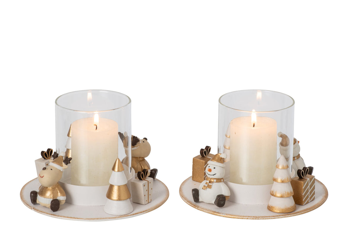 Theelichthouder Sneeuwman + Rendier Rond Ijzer Wit/Goud Assortiment Van 2