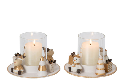 Theelichthouder Sneeuwman + Rendier Rond Ijzer Wit/Goud Assortiment Van 2