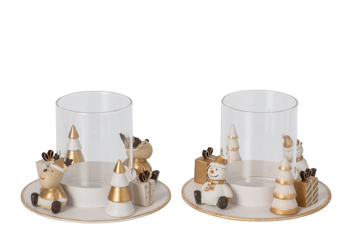Theelichthouder Sneeuwman + Rendier Rond Ijzer Wit/Goud Assortiment Van 2