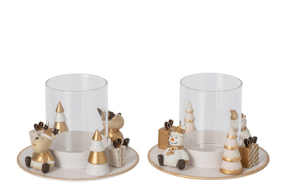 Theelichthouder Sneeuwman + Rendier Rond Ijzer Wit/Goud Assortiment Van 2
