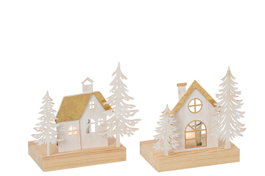 Theelichthouder Huis + Bomen Ijzer Wit/Goud Assortiment Van 2