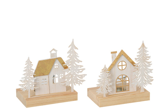 Theelichthouder Huis + Bomen Ijzer Wit/Goud Assortiment Van 2
