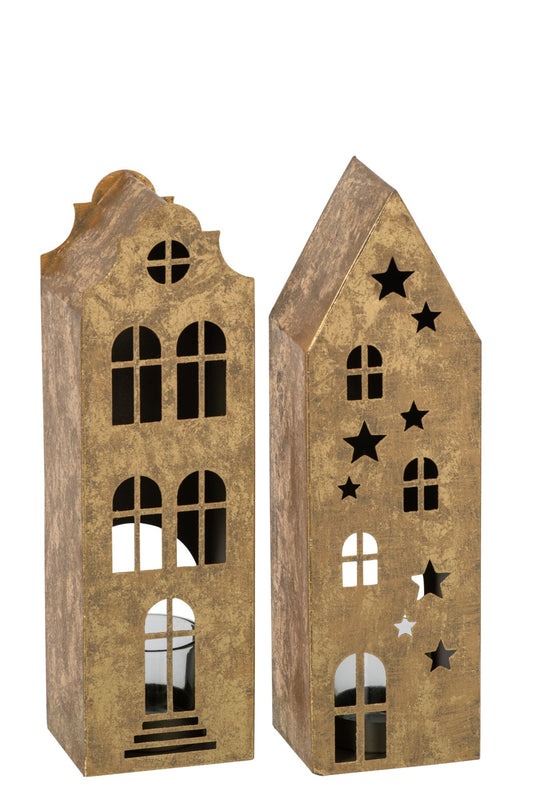 Theelichthouder Huis Ijzer Goud Assortiment Van 2