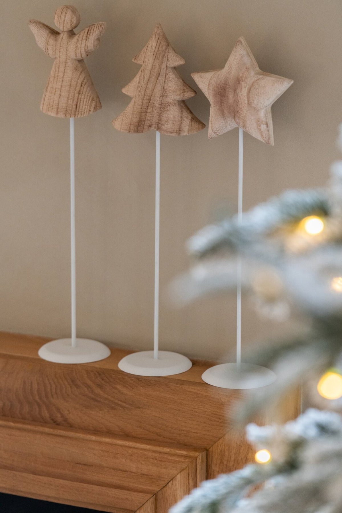 Angel + Tree + Star Paulownia Wood White/Natural Large Assortment Of 3