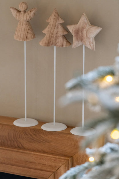Angel + Tree + Star Paulownia Wood White/Natural Large Assortment Of 3