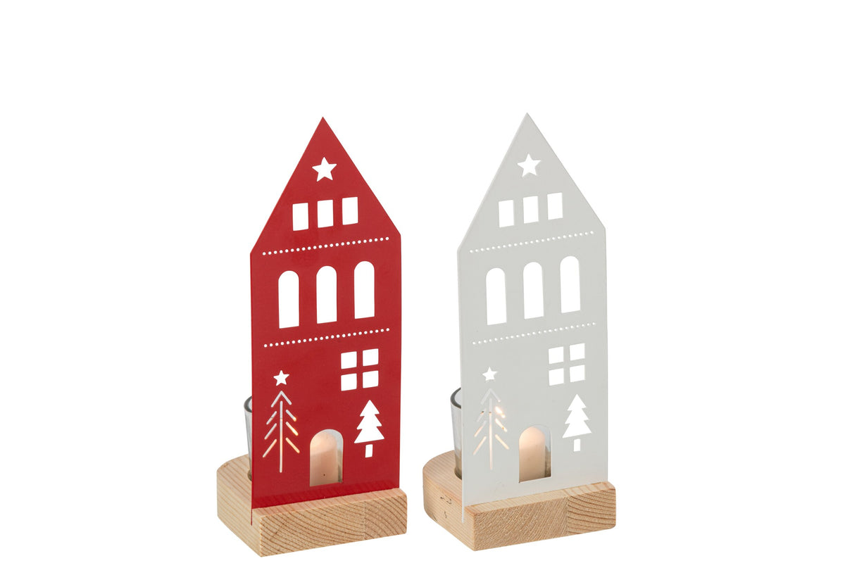 Theelichthouder Huis Ijzer Wit/Kerstrood Small Assortiment Van 2