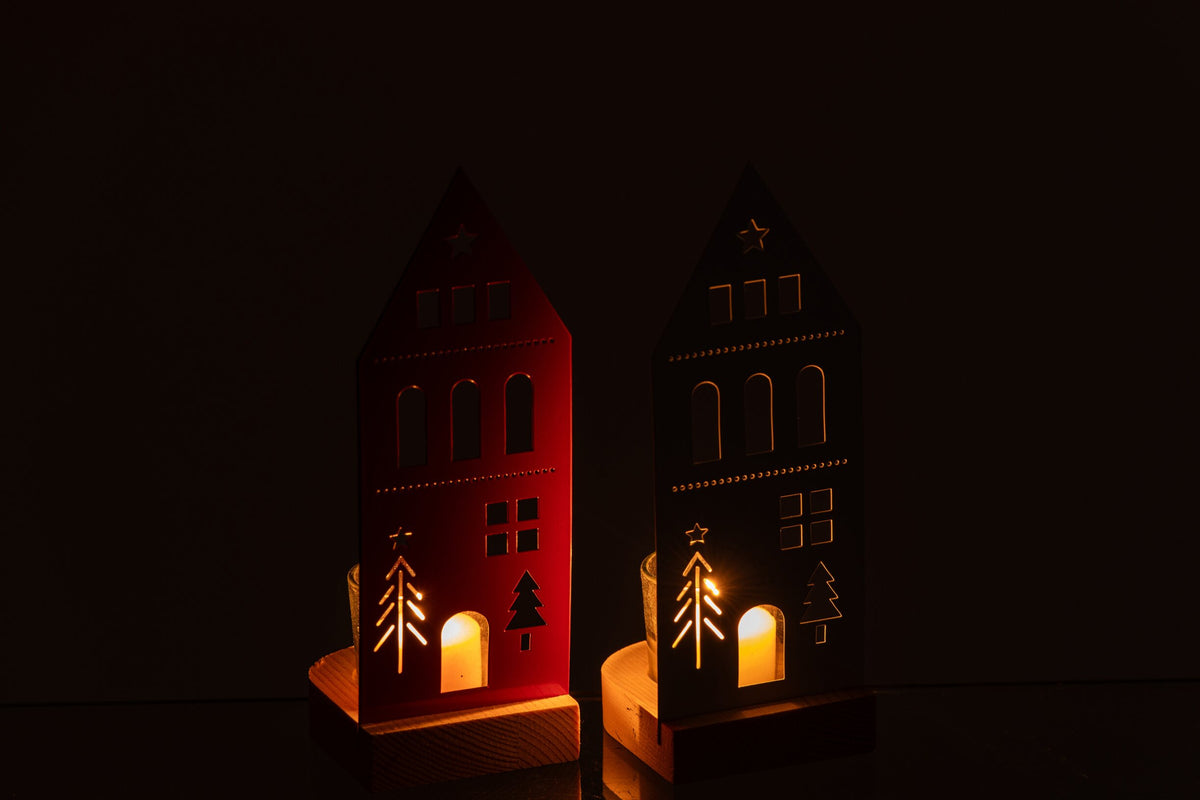 Theelichthouder Huis Ijzer Wit/Kerstrood Small Assortiment Van 2