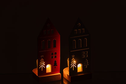 Theelichthouder Huis Ijzer Wit/Kerstrood Small Assortiment Van 2
