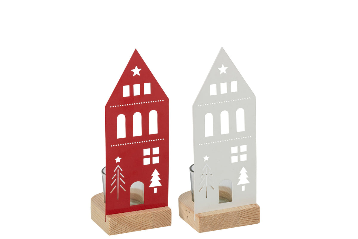 Theelichthouder Huis Ijzer Wit/Kerstrood Small Assortiment Van 2