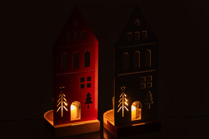 Theelichthouder Huis Ijzer Wit/Kerstrood Large Assortiment Van 2