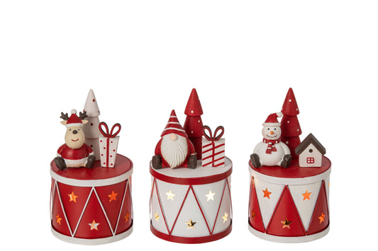 Drum LED Santa + Snowman + Reindeer Iron White/Christmas Red Assortment Of 3
