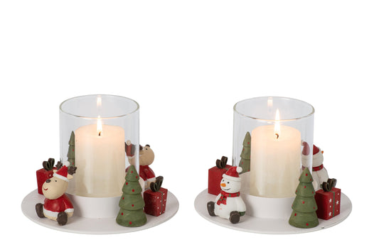 Theelichthouder Sneeuwman + Kerstman Ijzer Wit/Kerstrood Assortiment Van 2