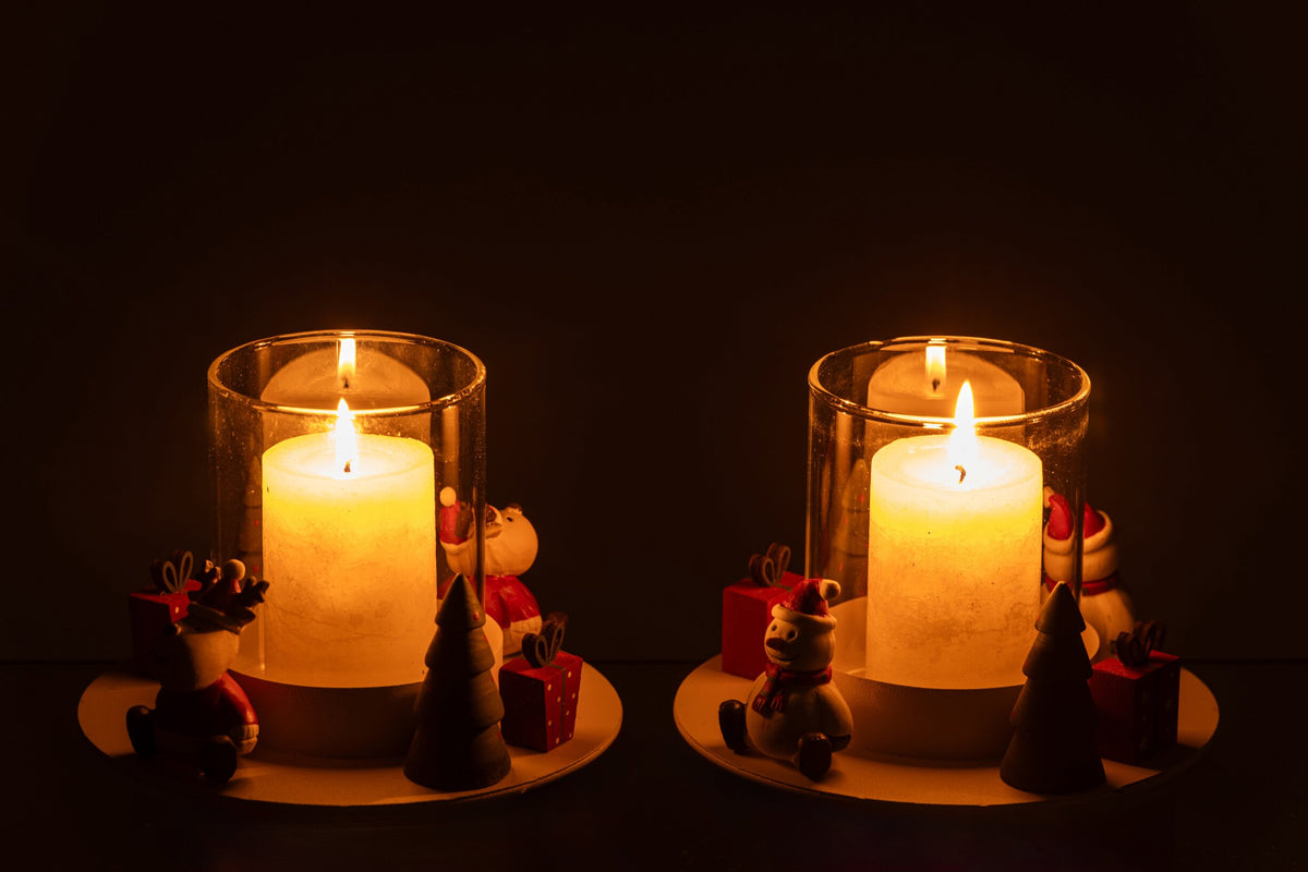 Theelichthouder Sneeuwman + Kerstman Ijzer Wit/Kerstrood Assortiment Van 2