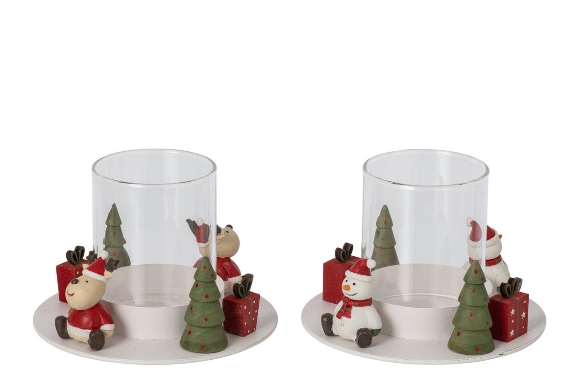 Theelichthouder Sneeuwman + Kerstman Ijzer Wit/Kerstrood Assortiment Van 2